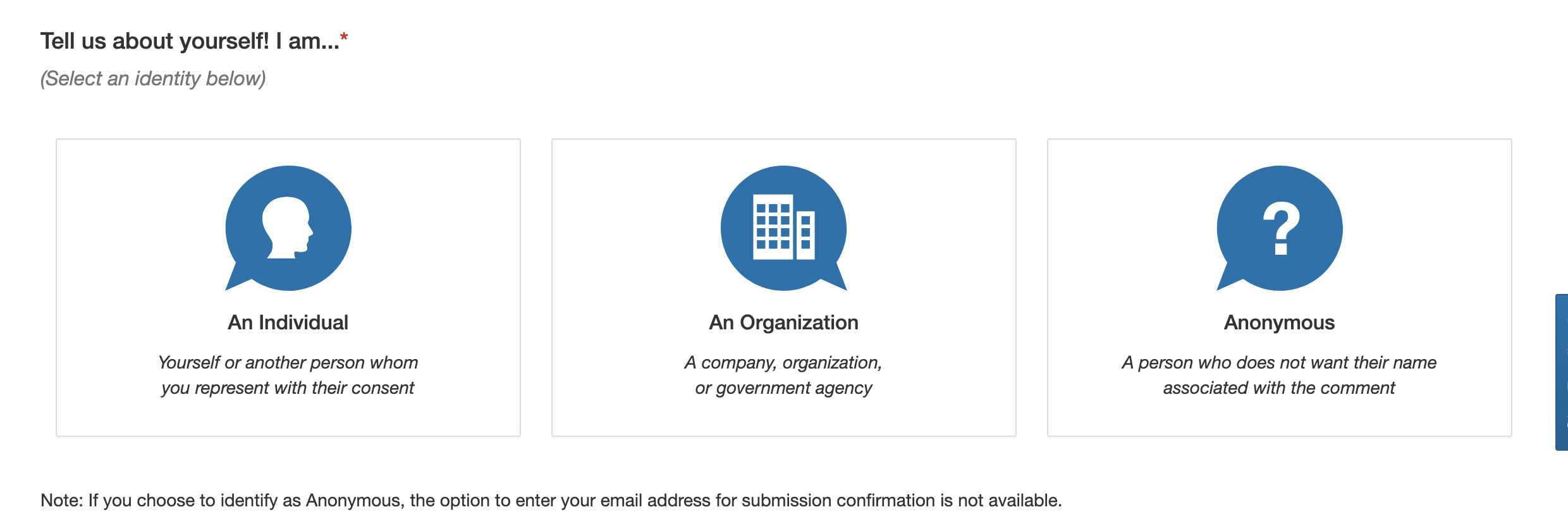Tell us about yourself tiles on the regulations.gov form with An Individual first