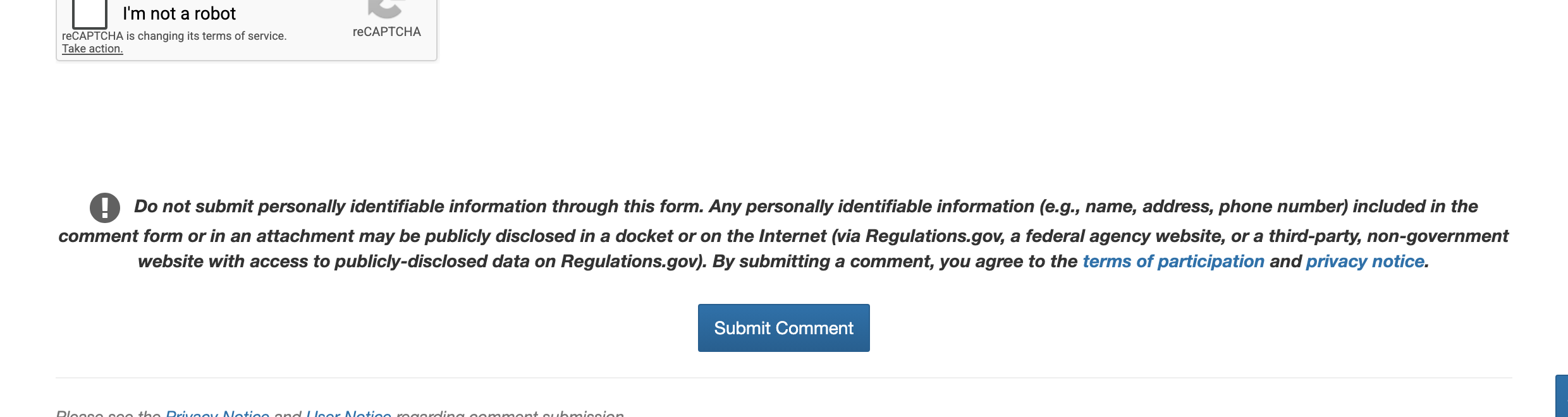 reCAPTCHA checkbox and Submit Comment button on the regulations.gov form